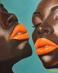 an oil painting of two women with bright orange lipstick on their lips and one woman's face to the side