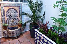 an outdoor fountain surrounded by potted plants