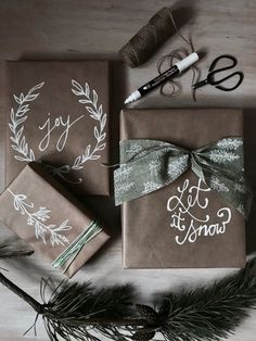 presents wrapped in brown paper and tied with twine