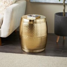 a living room scene with focus on the coffee table and plant in the centerpiece