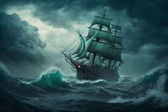 a painting of a ship in the middle of an ocean with storm clouds above it