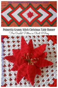 crocheted poinsettia granny stitch christmas table runner with red poinsettia