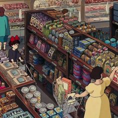 an animated image of people shopping in a grocery store with food on the shelves and other items for sale