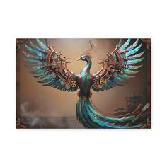 an artistic painting of a peacock with wings spread out and steampunks on it's back