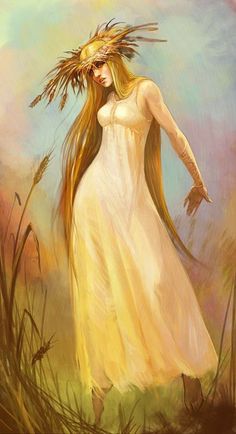 a painting of a woman with long hair in a white dress walking through tall grass