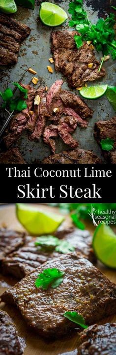 steaks and lime slices on a grill with text that reads thai coconut lime skirt steak