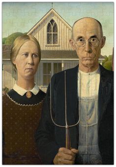 an old man and woman standing in front of a house holding a large metal utensil