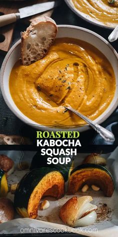 roasted kabocha squash soup in a bowl with bread on the side and spoon