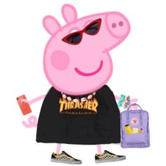 peppa pig wearing sunglasses and holding a backpack