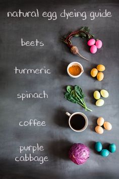 an image of eggs and vegetables on a chalkboard with the words natural egg dyeing guide