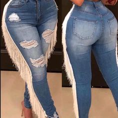 Questions? Leave A Comment Below! Fringe Jeans, Pencil Skirt Outfits, White Fringe, Womens Dress Suits, Fashion 2024, Fashion Nova Jeans, Womens Dress, Quick Jokes, Wide Leg Denim