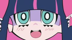 an anime character with blue eyes and pink hair is looking at the camera while holding her head