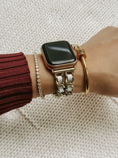 Elevate your arm candy game with this chic Gold Chain and White Leather Apple Watch Band Bracelet Stack!  Featuring a luxurious gold tennis bracelet, a stylish gold chain interwoven with white leather for your Apple Watch, and a trendy gold screw lock bracelet, this stack blends elegance and modern flair effortlessly. Perfect for everyday wear or adding a touch of glam to any outfit.  #JewelryStack #AppleWatchStyle #ChicAccessories #GoldBracelets #ArmCandy #TrendyLooks Bracelet With Apple Watch, Apple Watch With Bracelets, Tennis Bracelet Stack, Watch With Bracelets, Lock Bracelet, Gold Tennis Bracelet, Wrist Stacks, Leather Apple Watch Band, Watch Band Bracelet