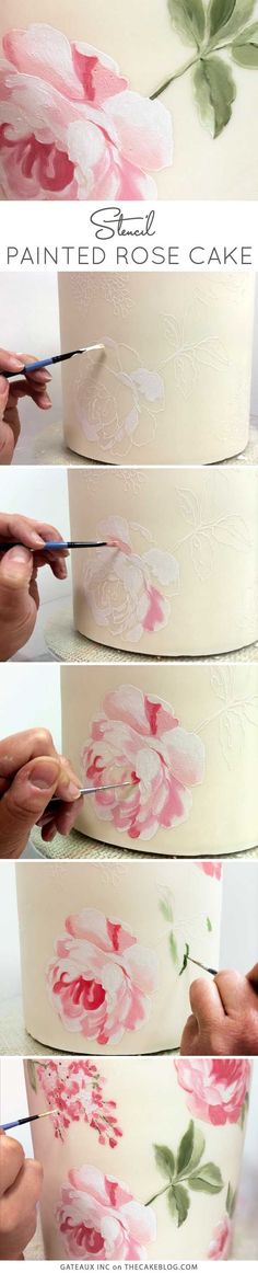 the steps to painting roses on cake are shown