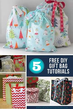 5 free diy gift bag sewing patterns for christmas and other holiday gifts with instructions