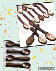 chocolate spoons are arranged on top of each other with marshmallows in the middle