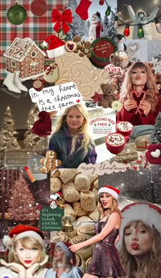 the collage has many different pictures and words on it, including santa hats, cookies,