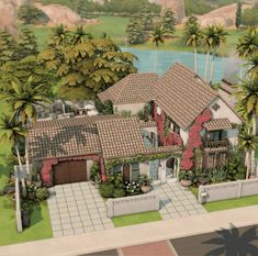 this is an artist's rendering of a house with palm trees in the front yard