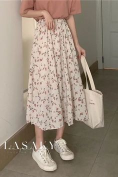 Lasaky - Floral A-Line Long Skirt for Women Mode Ulzzang, Long Skirt Casual, Korean Skirt, Skirt Streetwear, Long Skirt Summer, Skirts Summer, Floral Print Midi Skirt, Pleated Long Skirt, Trendy Skirts