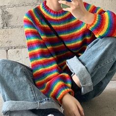 Material: 100% Acrylic. Very comfortable sweater Vintage Aesthetic Girl, Clowncore Outfit, Vintage Striped Sweater, Knitted Long Sleeve, Coquette Style, Unique Sweaters, Y2k Sweater