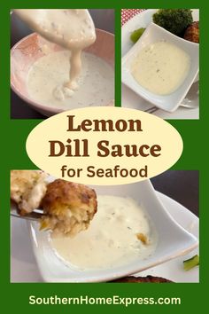 lemon dill sauce for seafood is being drizzled over the top and sides