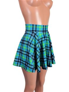 "Please measure yourself to make sure you get the correct length Teal plaid spandex skater skirt 15\" shown on mannequin. High waist skirt can be worn lower or higher most skirts allow you to place the waistline where it suits you on your particular body shape and personal desire! this fun flirty skirt is a full circle design and can be ordered in lengths of 10 inch, 12 inch,13\", 15, 17\" inch and 19 inch- if you need a longer length contact me for a quote. Any of my items can be made in any sp Casual Fitted Plaid Skort, Fitted Plaid Skirt For School, Fitted Plaid Pleated Tennis Skirt, Fitted Plaid Mini Skort, School Fitted Plaid Mini Skirt, Fitted Plaid Tennis Skirt For Spring, Fitted Plaid Tennis Skirt For School, Plaid Skirted Skort For School, Stretch Short Skirt For School