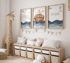 a child's room decorated in neutral colors