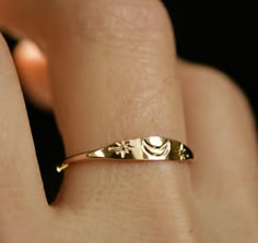 **PLEASE NOTE: This item is MADE TO ORDER. Current production times are listed in the announcement section of my shop's homepage. **Artist crafted. Original design made in Richmond, VA.** Dainty moon and stars ring crafted in your choice of solid 10k gold, 14k gold or 14k rose gold. Polished finish. As each ring is hand forged/stamped, slight variations may occur. **If unsure of your ring size, you can be easily measured at any local jewelry store. In the event that you order the wrong size, res Celestial 14k Gold Crescent Ring, Celestial Crescent 14k Gold Ring, 14k Gold Moon Phase Rings For Promise, 14k Gold Rings With Moon Phase For Promise, Spiritual Rings, Moon And Stars Ring, Wax Jewelry, Stars Ring, Sun And Moon Rings