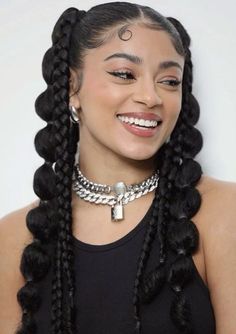 Gel Less Hairstyles, Rave Braided Hairstyles, Double Bubble Ponytail, 2 Side Ponytail Hairstyles, Braids And Bubble Braids, Bubble Braids With Braids, Cute Updo Braided Hairstyles, Pigtail Braids With Bows, Two Bubble Braids Curly Hair