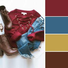 the color scheme is red, brown, and blue with jeans on top of it