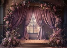 an open window with pink curtains and flowers on the outside, in front of a set of stairs