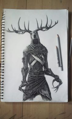 a drawing of a man with antlers on his head and holding a knife in one hand