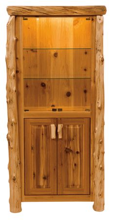 a wooden cabinet with two doors and drawers