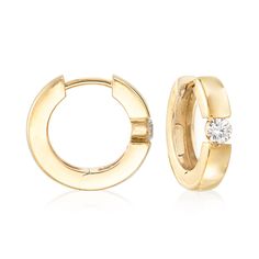 Ross-Simons - .25 ct. t. w. Diamond Hoop Earrings in 14kt Yellow Gold. 1/2". All you need is a touch of sparkle. Our small 14kt yellow gold hoops present .25 ct. t. w. round brilliant-cut diamonds at each center for that just-right amount of glitter. Hanging length is 1/2". Hinged post, diamond hoop earrings. Diamond birthstones are the perfect gift for April birthdays. Classic Round Huggie Earrings With Single Diamond, Classic 14k Gold Hoop Earrings With Single Diamond, Modern Round Cut Huggie Earrings For Formal Events, Modern Huggie Earrings For Formal Occasions, Classic 14k Gold Small Hoop Diamond Earrings, Classic Small Hoop Diamond Earrings With Single Diamond, Classic Single Diamond Huggie Earrings, Classic Yellow Gold Hoop Earrings With Single Diamond, Formal 14k Gold Huggie Earrings With Single Diamond