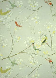 the wall paper has birds and flowers on it