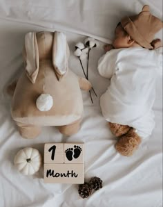 a baby sleeping next to a stuffed animal and wooden block with the number one month written on it