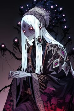 an anime character with long white hair sitting in front of a tree and looking at the camera