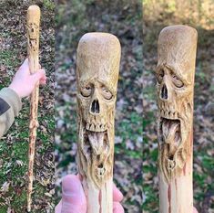 a hand holding two wooden sticks with carved faces on them, and another photo of the same stick