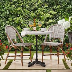 two chairs and a table in front of some bushes