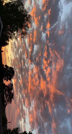 the sky is filled with pink clouds as the sun goes down in the distance behind some trees