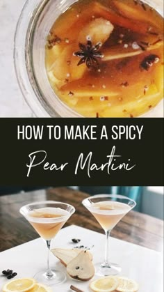 Spicy pear martini Fall Pear Cocktail Recipes, Easy Pear Cocktail, Spicy Pear Martini, Spicy Vodka Cocktails, Spiced Pear Martini, Pear Infused Vodka, Unique Martini Recipes, Flavored Martini Recipes, Pear Martini Recipe Vodka