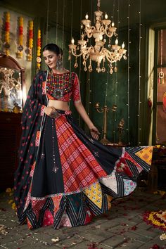 Cotton Lehenga Choli, Navratri Lehenga, Printed Mirror, Navratri Garba, Navratri Dress, Cotton Lehenga, Mirror Work Blouse