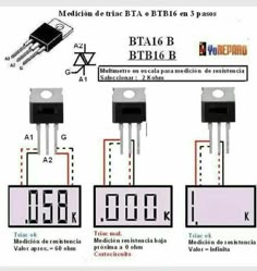 three electronic components are shown with the corresponding numbers and symbols on each side of them