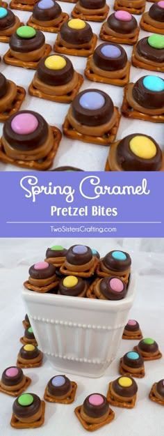 chocolate covered pretzel bites are in a white bowl on a table with other cookies