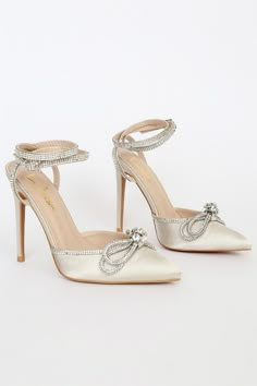 Satin Heels With Rhinestones For Prom, Glamorous Embellished Satin Heels, Glamorous Satin Heels For Prom, Chic Cream Embellished Heels, Chic Embellished Cream Heels, Elegant Beige Rhinestone Heels, Elegant Beige Heels With Rhinestones, Evening Beige Heels With Rhinestones, Beige Rhinestone Heels For Evening