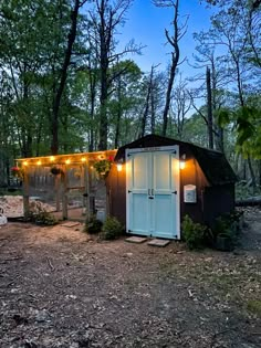 a small shed with lights on it in the middle of some trees and dirt ground