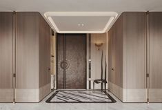 an elegant hallway with marble floors and wooden paneling on the walls, along with modern doors