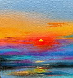 an oil painting of a sunset over the ocean