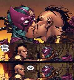 an image of a comic scene with two men kissing each other and one is wearing a mask