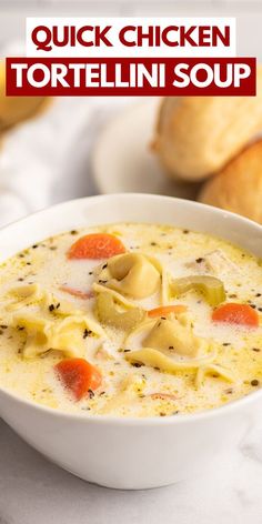 creamy chicken tortellini soup in a white bowl